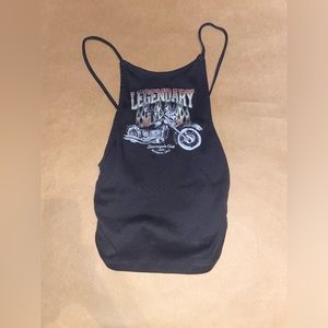 Black tank with motorcycle on the front
